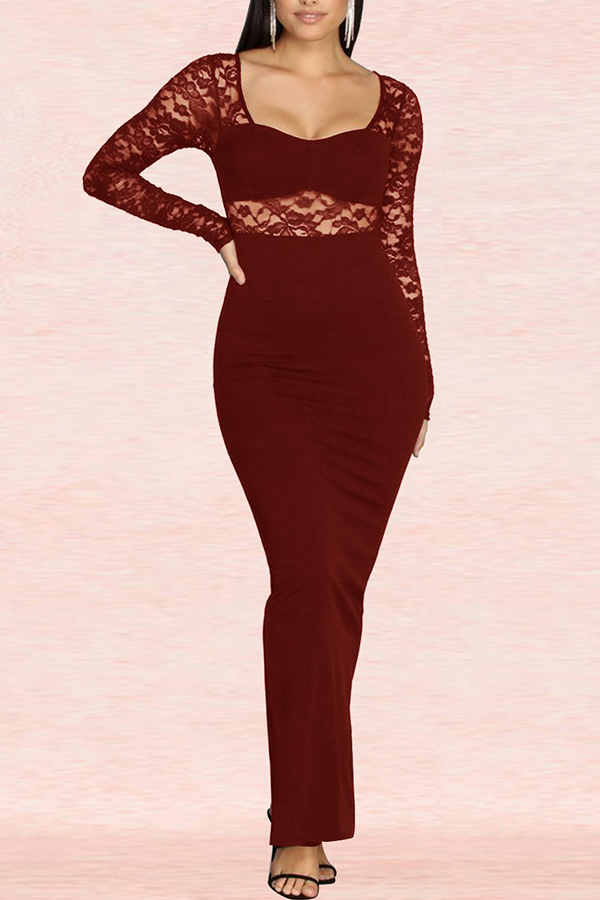 

Lovely Sweet See-through Wine Red Ankle Length Prom Dress
