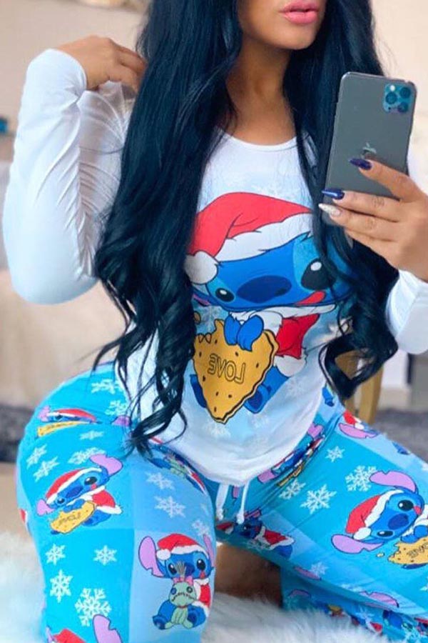 

Lovely Casual Print Baby Blue Two-piece Pants Set