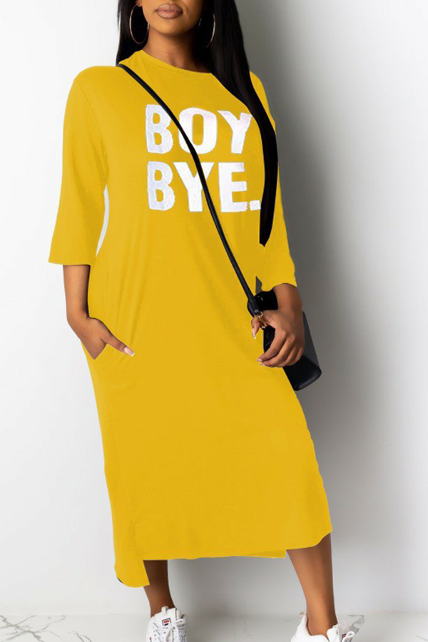 

Lovely Casual Letter Loose Yellow Mid Calf Dress