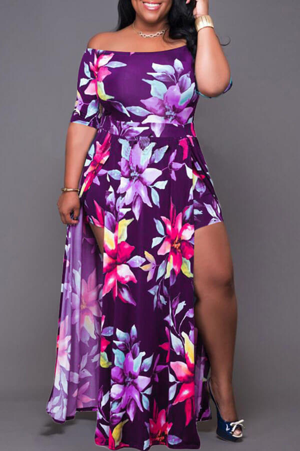 Lovely Chic Floral Print Purple Ankle Length Plus Size Dress
