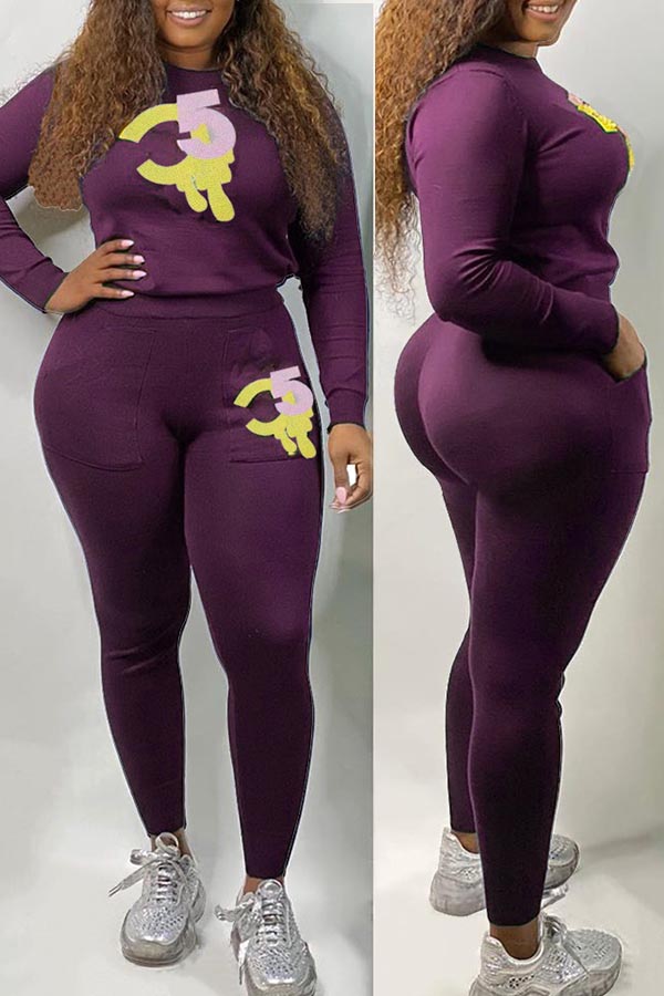 

Lovely Casual Print Basic Purple Two-piece Pants Set
