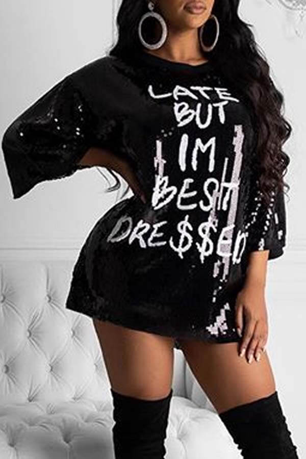 

LW Sequined Letter Print Dress, Black
