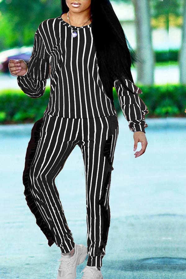 

Lovely Leisure Striped Black Two-piece Pants Set