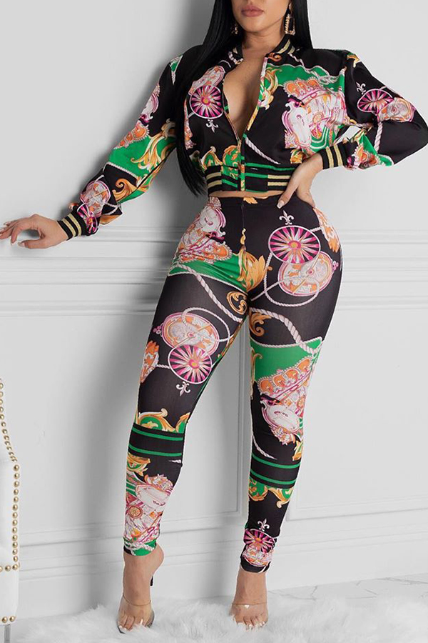 

Lovely Leisure Print Skinny Multicolor Two-piece Pants Set, Multi