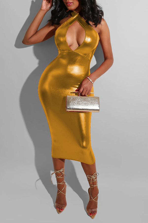 

Lovely Chic Hollow-out Gold Mid Calf Dress