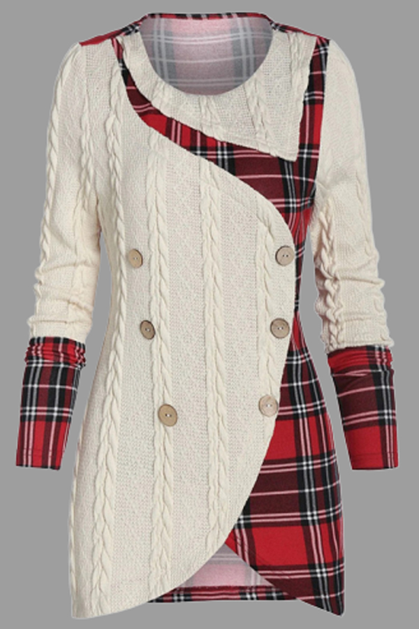

Lovely Casual Patchwork Plaid White Plus Size Sweater
