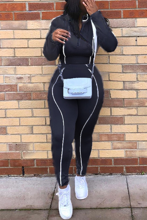 

Lovely Sportswear Striped Black Two-piece Pants Set