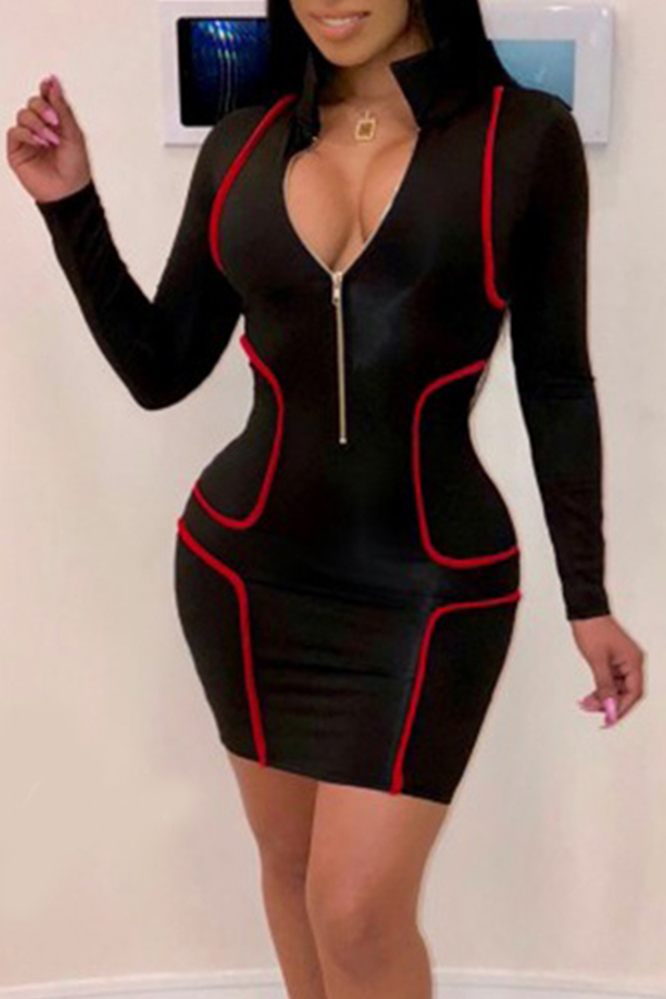 Lovely Casual Zipper Design Black Mini Dress