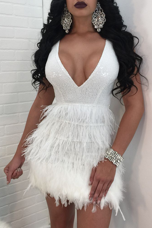 

Lovely Party Deep V Neck White Mini Evening Dress