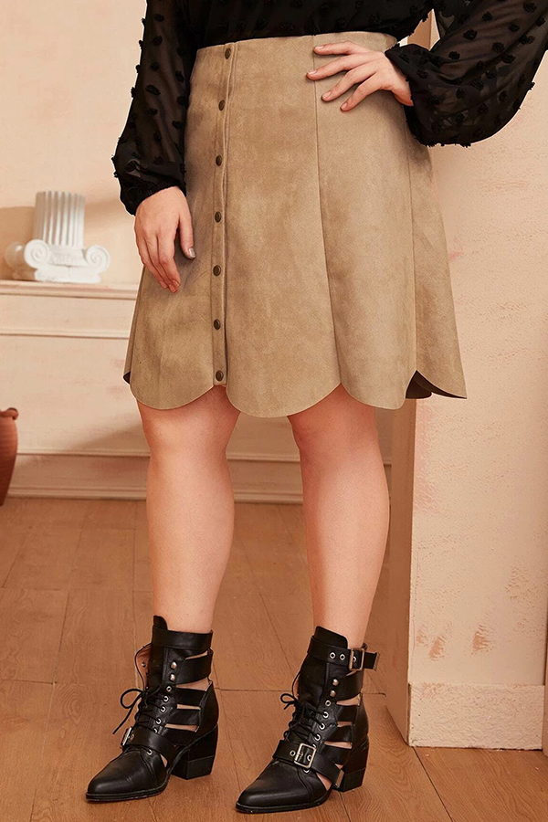 

Lovely Casual Buttons Khaki Plus Size Skirt