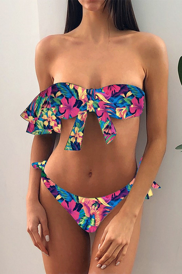 

Lovely Bohemian Floral Print Multicolor Two-piece Swimsuit, Multi