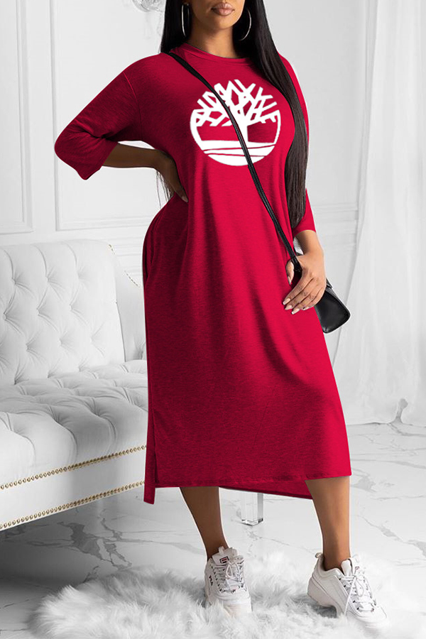 

Lovely Chic O Neck Print Red Mid Calf Dress