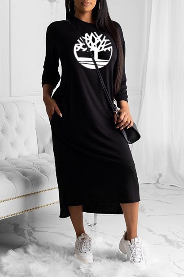 

Lovely Chic O Neck Print Black Mid Calf Dress