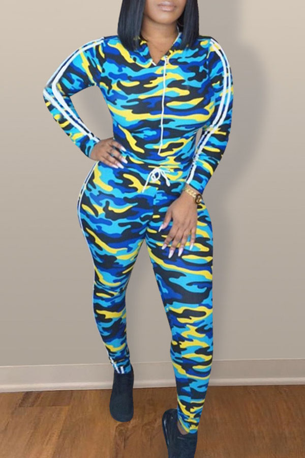 

Lovely Chic Print Blue Two-piece Pants Set