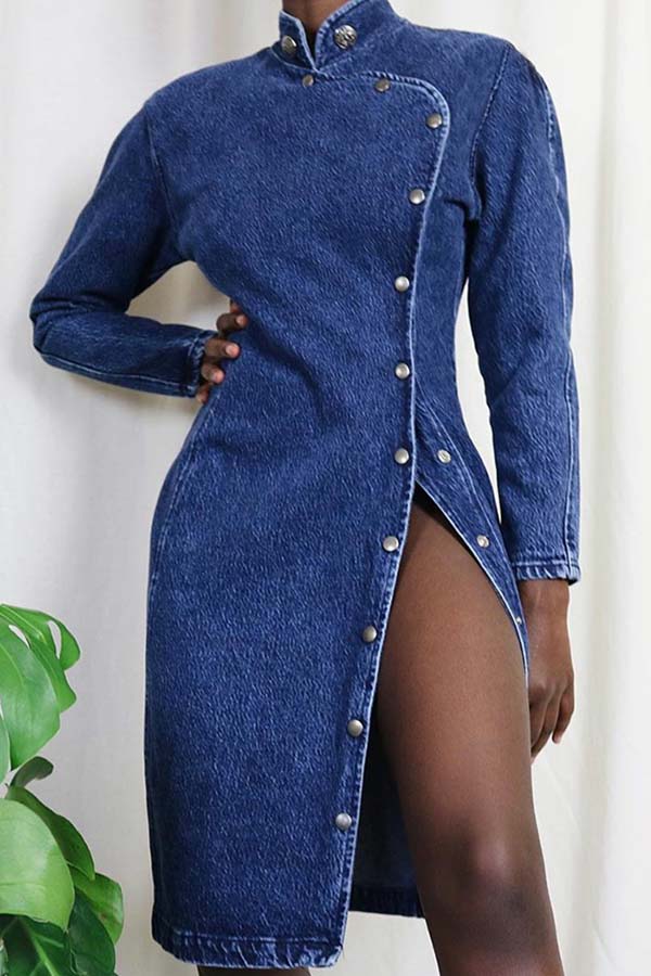 

Lovely Chic O Neck Button Design Blue Knee Length Dress