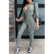 Lovely Casual Zipper Design Grey One-piece Jumpsui