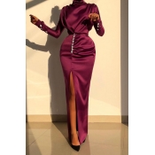 Lovely Party Turtleneck Slit Wine Red Prom Dress
