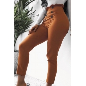 Lovely Casual Buttons Design Brown Pants