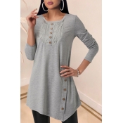 Lovely Casual Buttons Design Grey T-shirt