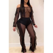 Lovely Sexy See-through Flounce Black One-piece Ju