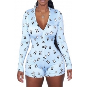 Lovely Casual Print Blue One-piece Romper