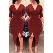 Lovely Chic V Neck Ruffle Design Purplish Red Ankl