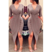 Lovely Chic V Neck Ruffle Design Khaki Ankle Lengt