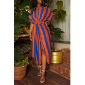 Lovely Casual Striped Orange Mid Calf Dress
