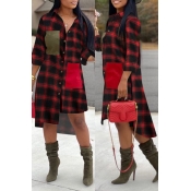 Lovely Chic Turndown Collar Plaid Red Mid Calf Dre