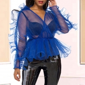 Lovely Casual See-through Blue Blouse
