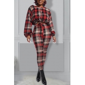 Lovely Casual Plaid Red Two-piece Pants Set