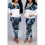 Lovely Trendy Camo Patchwork Blue Two-piece Pants 