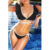 Lovely Lace-up Black Two-piece Swimsuit