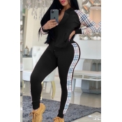 Lovely Casual Plaid Patchwork Black Two-piece Pant