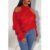Lovely Casual Dew Shoulder Red Sweater