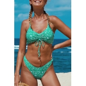 Lovely Floral Print Green Two-piece Swimsuit