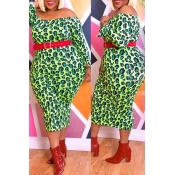 Lovely Casual Print Green Mid Calf Plus Size Dress