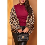 Lovely Casual Leopard Wine Red Plus Size Blouse