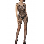 Lovely Sexy Floral Hollow-out Black Bodystocking