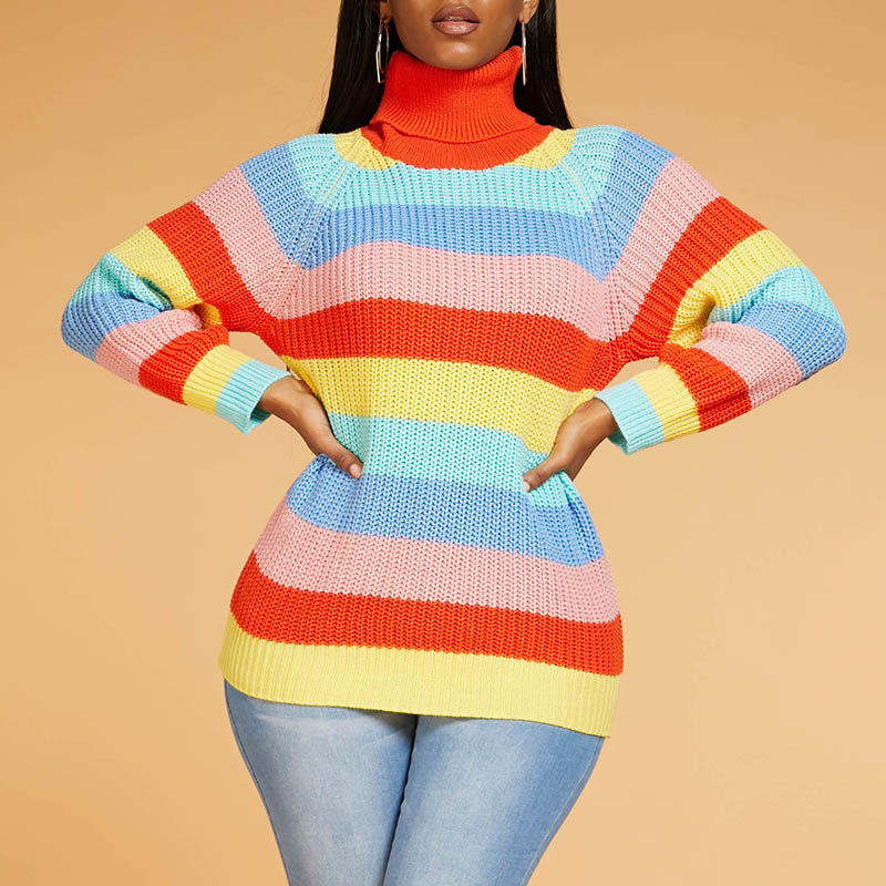 

Lovely Chic Turtleneck Striped Multicolor Sweater, Multi