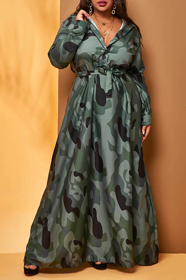 Lovely Casual Turndown Collar Camouflage Printed Green Plus Size  Maxi Dress