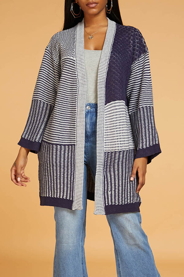 

Lovely Casual Patchwork Dark Blue Cardigan