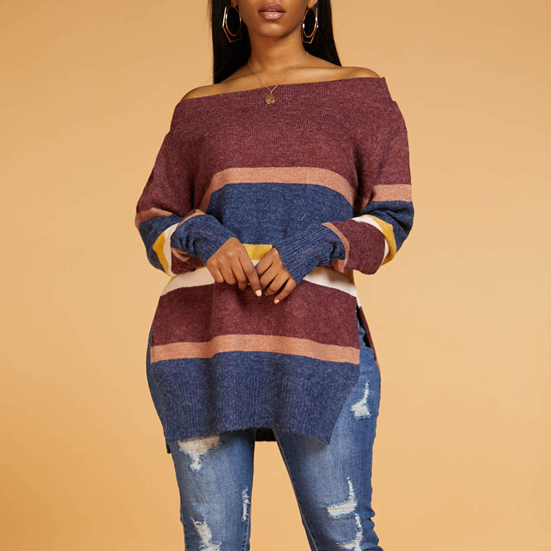 Lovely Leisure Basic Striped Wine Red Sweater
