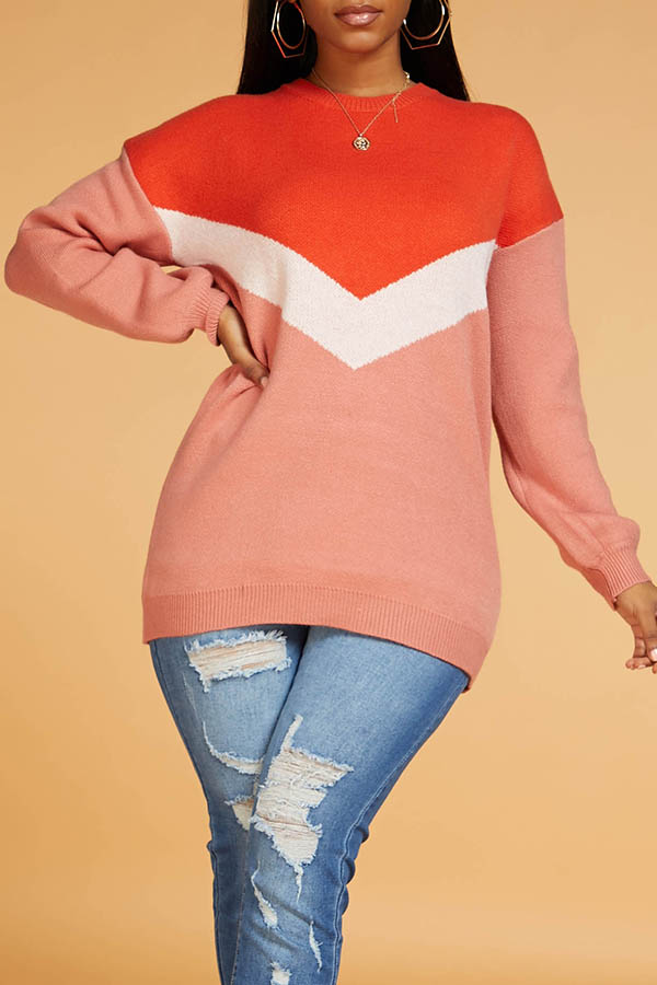 

Lovely Casual Color-lump Patchwork Sweater, Brick red