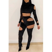 Lovely Sexy Hollow-out Black Two-piece Pants Set