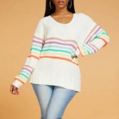 Lovely Leisure V Neck Striped White Sweater