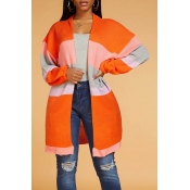 Lovely Casual Color-lump Orange Cardigan