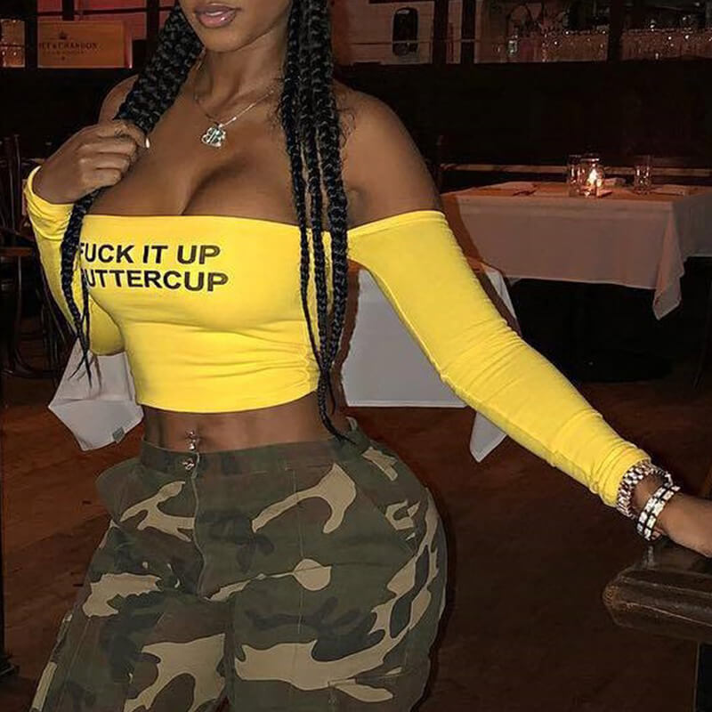 

Lovely Chic Dew Shoulder Letter Yellow T-shirt