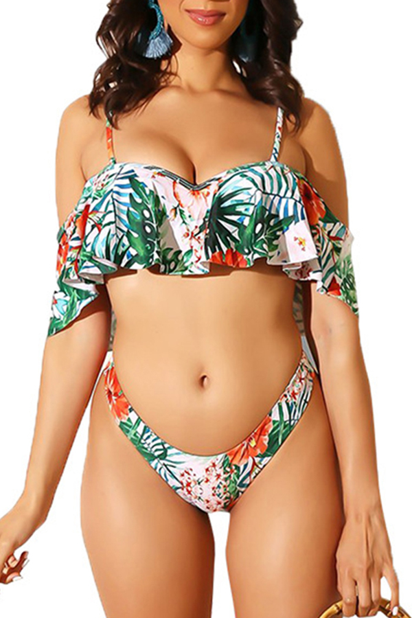

Lovely Flounce Design Print Green Two-piece Swimwear