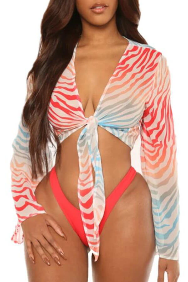 

Lovely Striped Knot Design Red Two-piece Swimwear